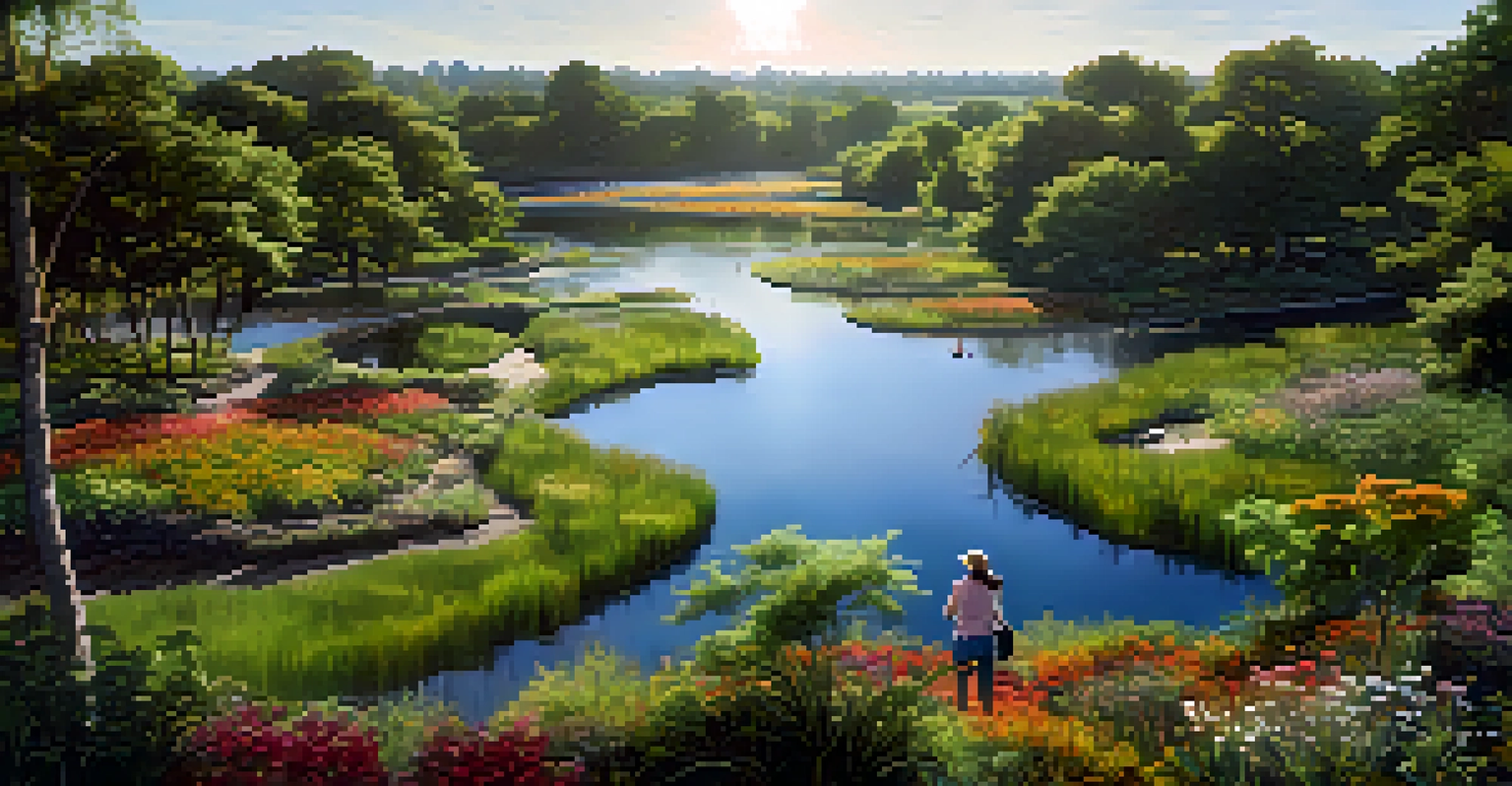 Aerial view of a restored wetland with diverse plants and people birdwatching.