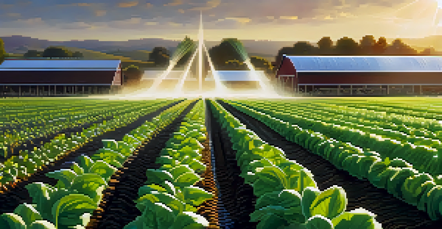 A close-up image of a smart irrigation system watering crops, showcasing advanced technology in agriculture.