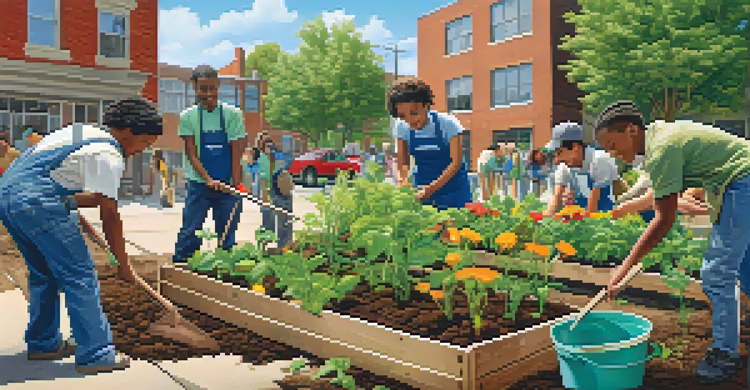 Students participating in a community gardening project, planting vegetables and flowers in an urban environment under a blue sky.