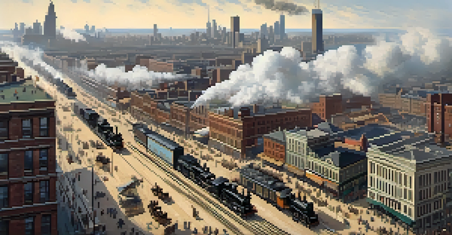 An aerial view of 19th-century Chicago, highlighting railroads, industrial buildings, and bustling streets.