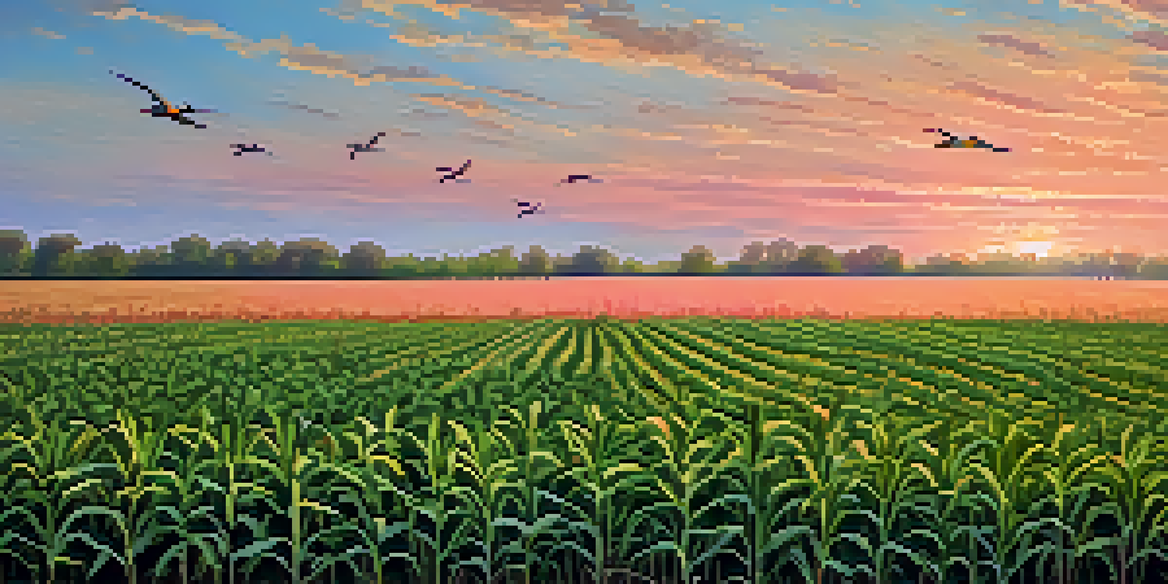A wide view of Illinois cornfields at sunset, with golden light illuminating the green corn plants and a wooden fence in the foreground.