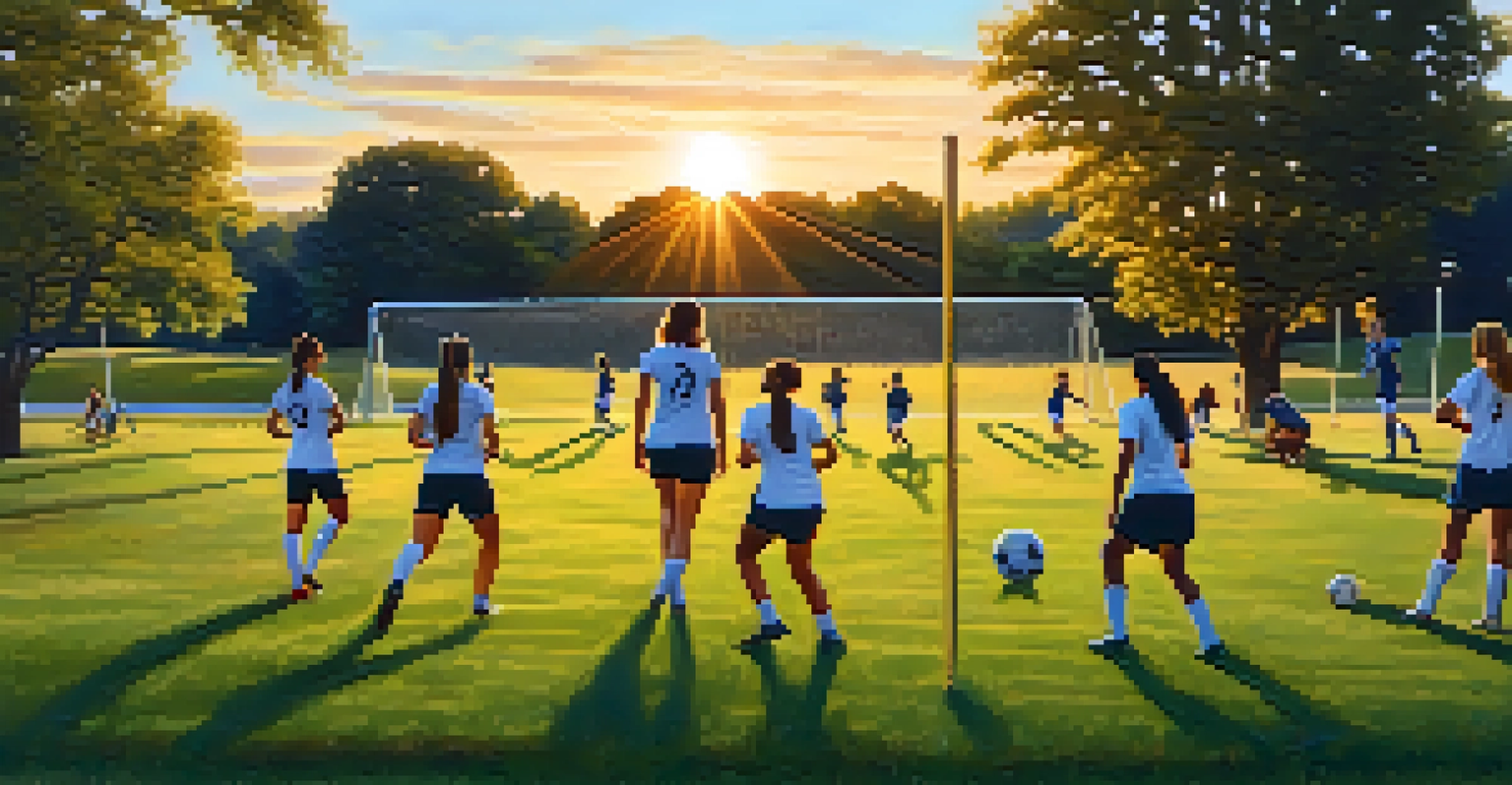 Young women practicing soccer drills in a park during sunset, showcasing teamwork and determination.