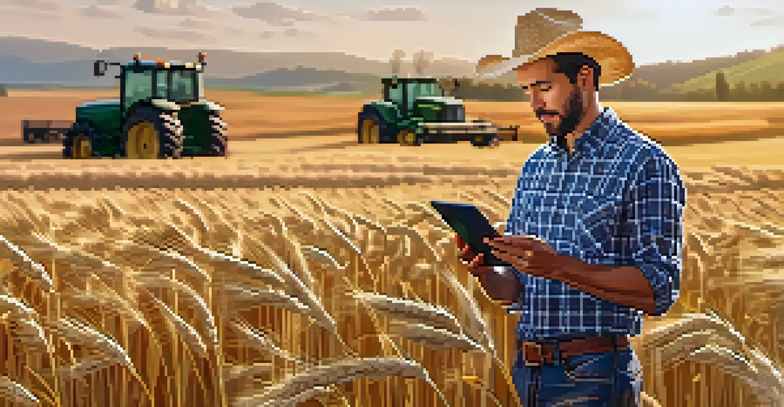 A farmer using a tablet in a wheat field, analyzing agricultural data with a tractor in the background.