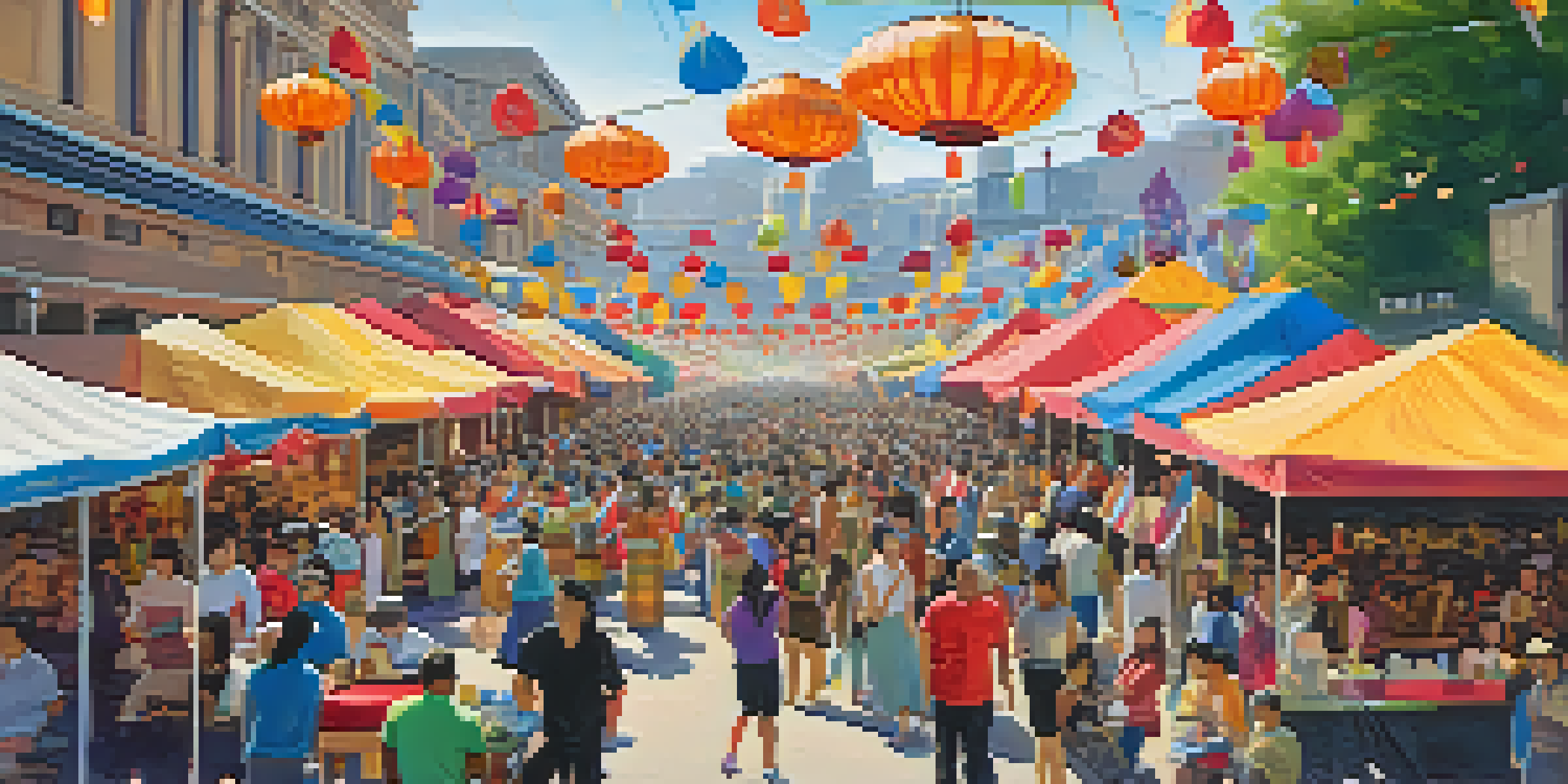 A colorful scene from the Asian American Heritage Festival with tents, performances, and food stalls.