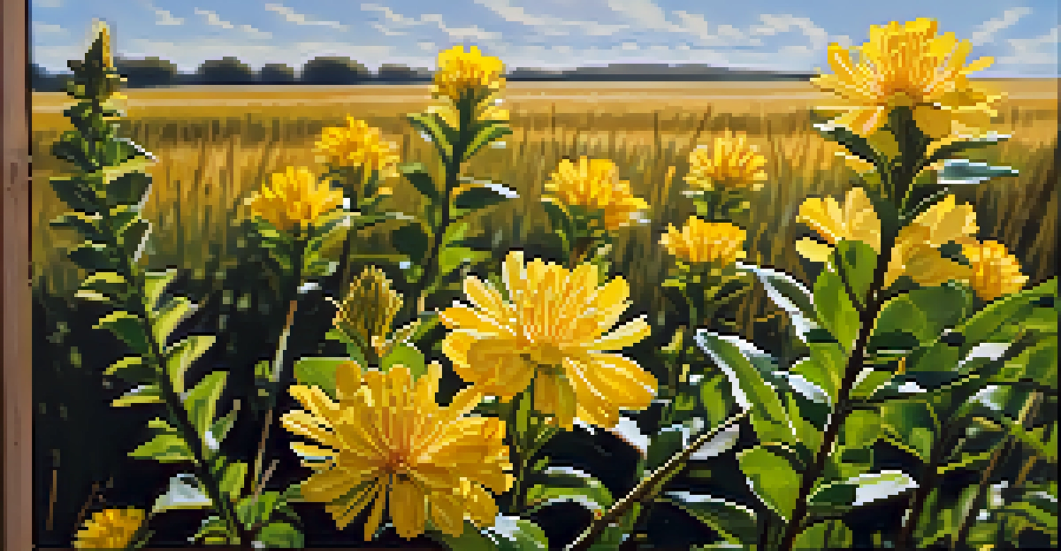 A close-up of a Prairie Dock plant with tall yellow flowers in a sunny prairie setting.