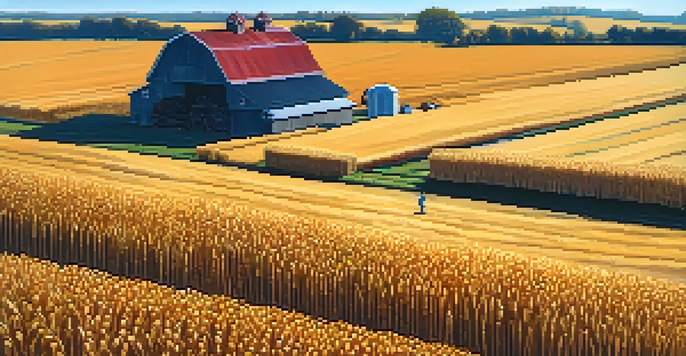 A scenic Illinois farm with corn and soybean fields during harvest, a farmer inspecting crops, and a red barn in the background under a blue sky.