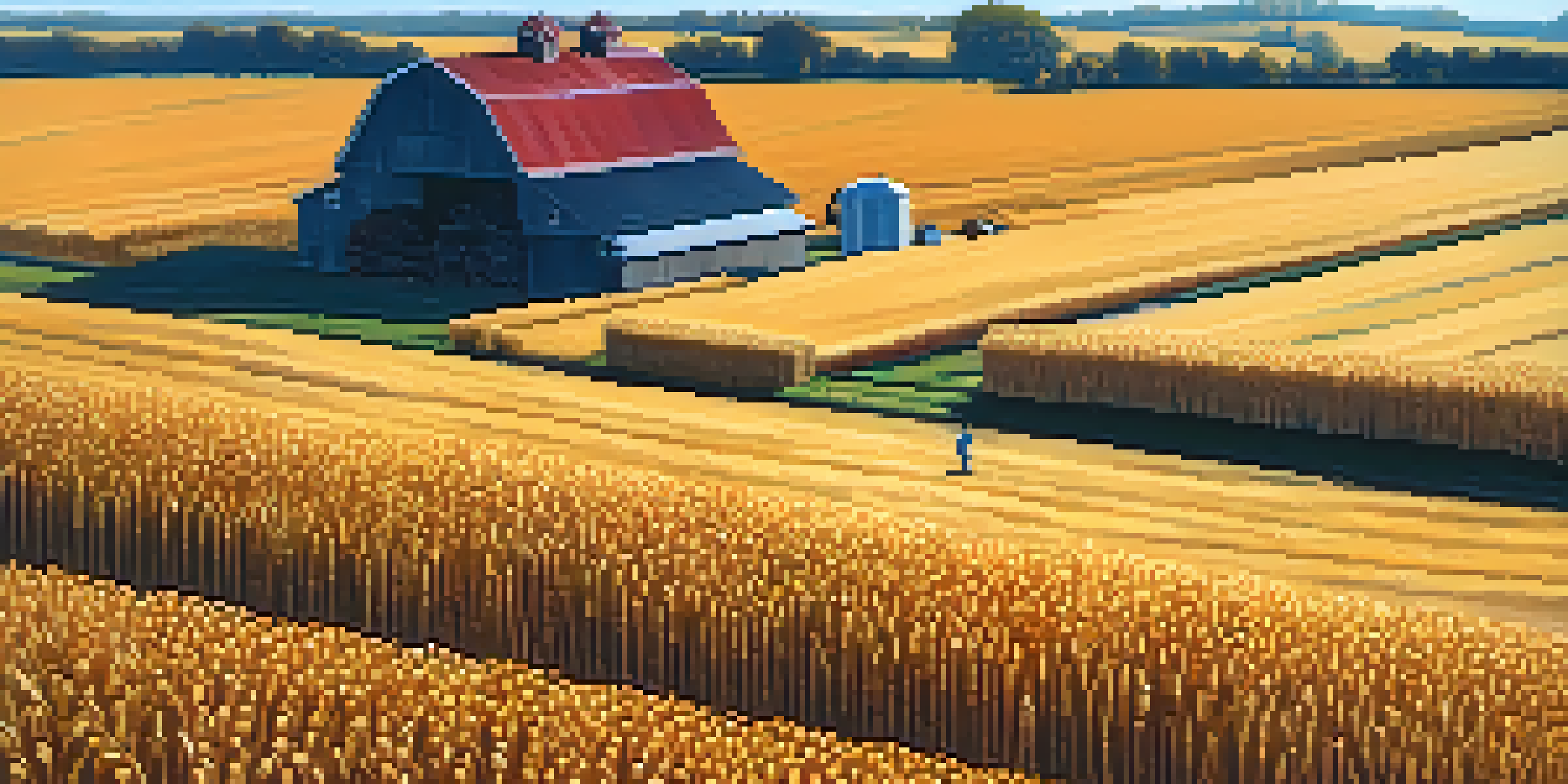 A scenic Illinois farm with corn and soybean fields during harvest, a farmer inspecting crops, and a red barn in the background under a blue sky.