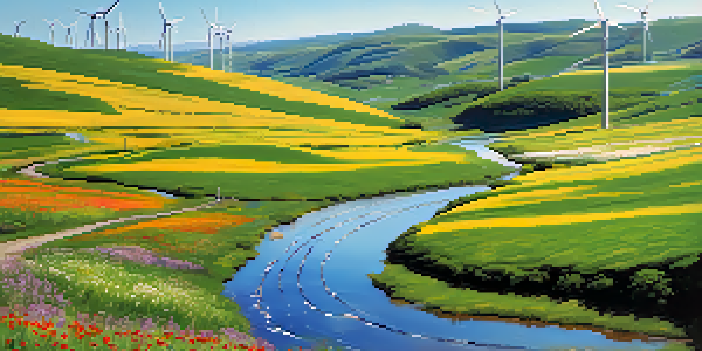 A colorful landscape featuring wind turbines on rolling hills, solar panels in the foreground, and a clear stream, highlighting renewable energy.