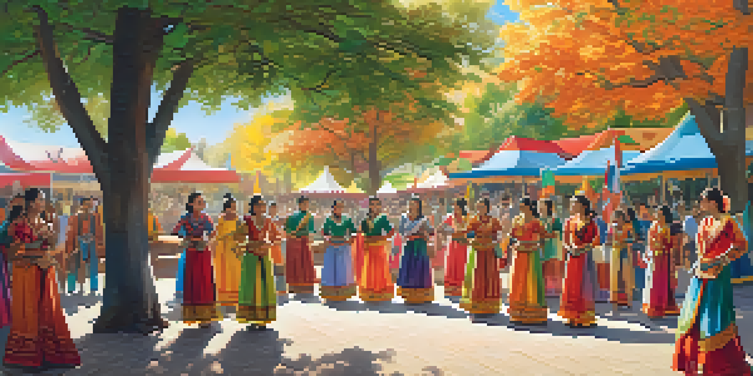 A lively university campus during a cultural festival with students in traditional costumes dancing and colorful decorations.