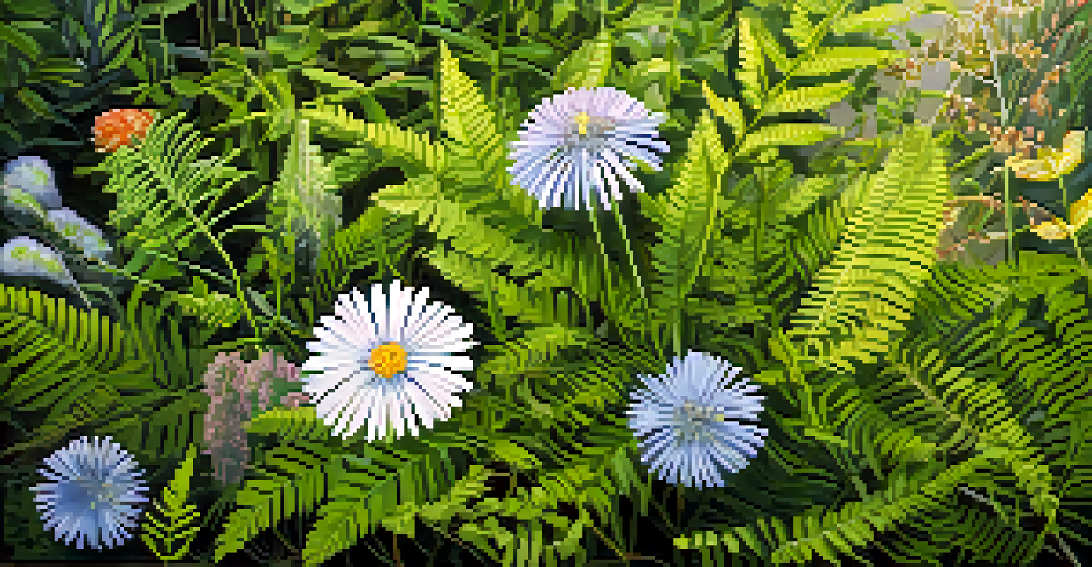 A close-up view of native Illinois plants and flowers, showcasing their vibrant colors and textures in soft sunlight.