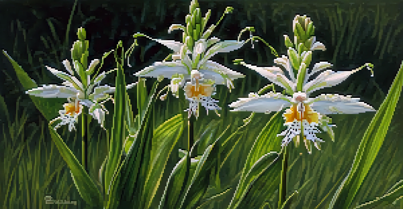 A close-up of an eastern prairie fringed orchid with delicate white petals and green leaves in the background.