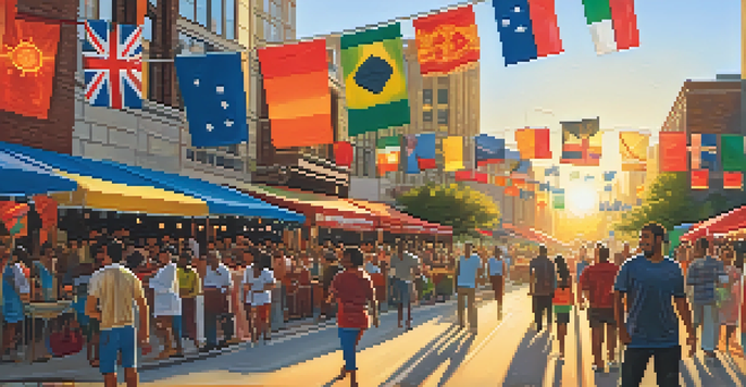 A colorful multicultural festival in Chicago with diverse people celebrating, traditional foods, and festive decorations under a sunset.