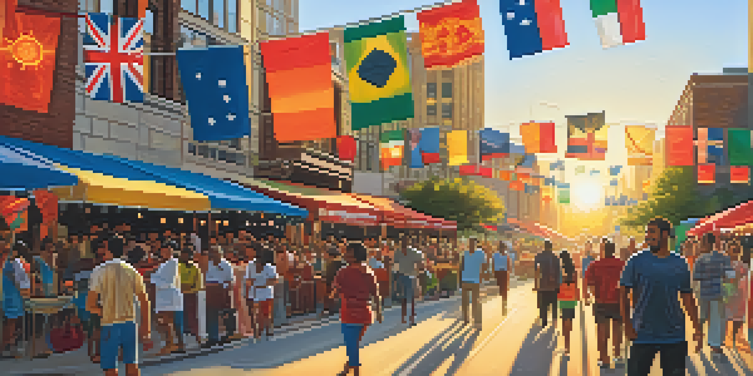 A colorful multicultural festival in Chicago with diverse people celebrating, traditional foods, and festive decorations under a sunset.