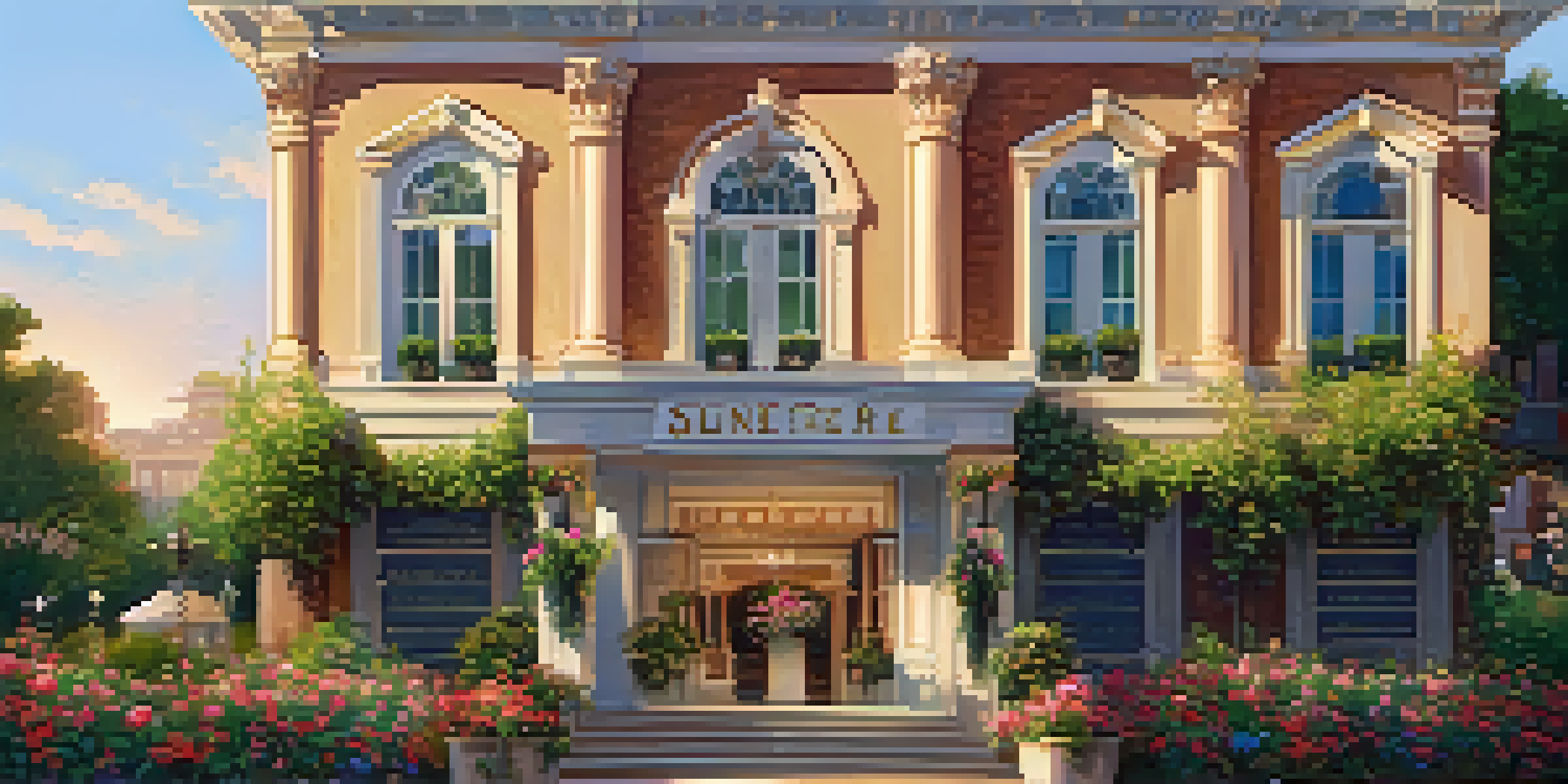 A historical society building with detailed architecture, surrounded by flowers and greenery, under warm sunlight.