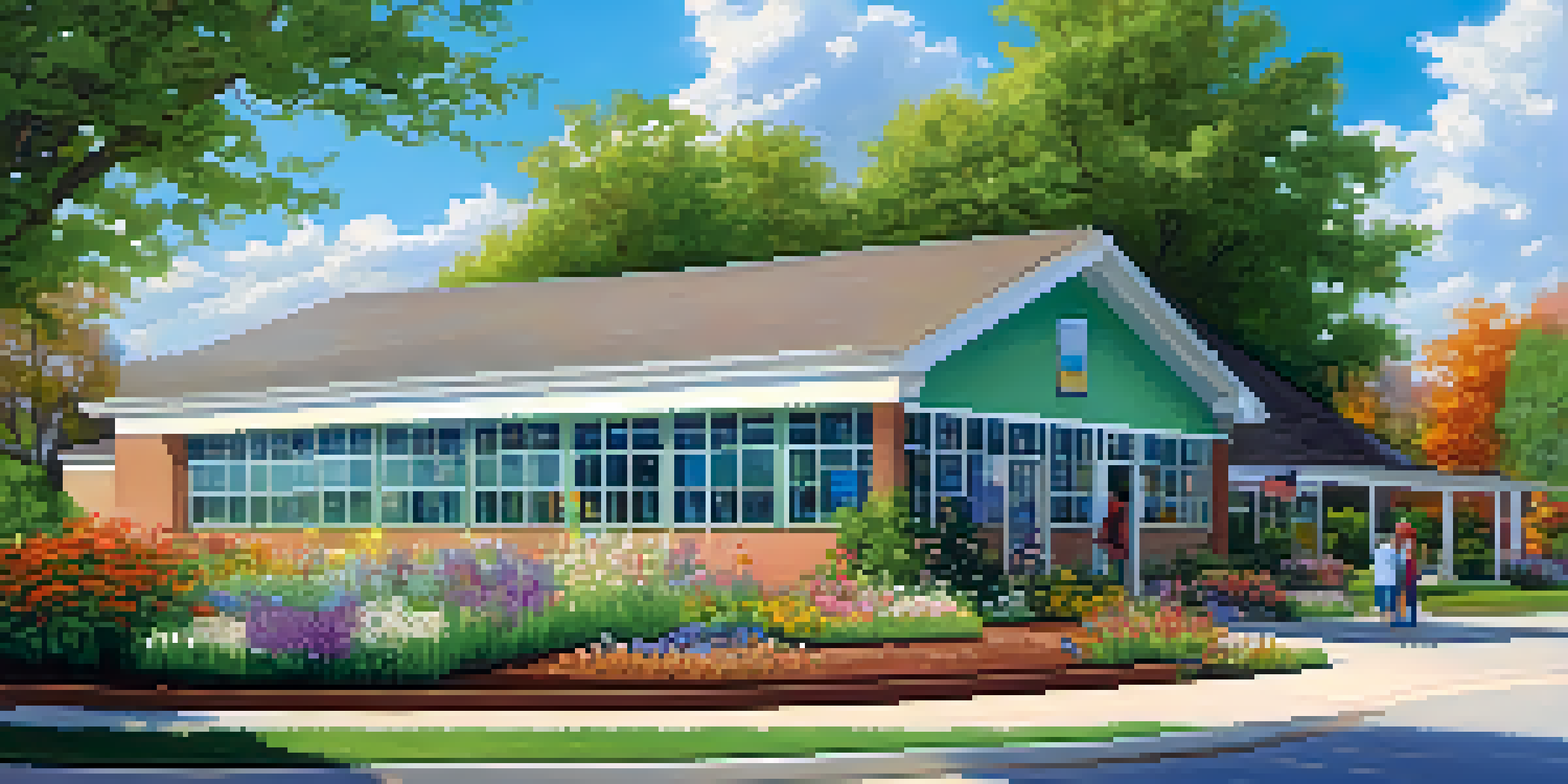 A community health center in rural Illinois, with diverse individuals entering the facility, surrounded by greenery and flowers under a sunny sky.