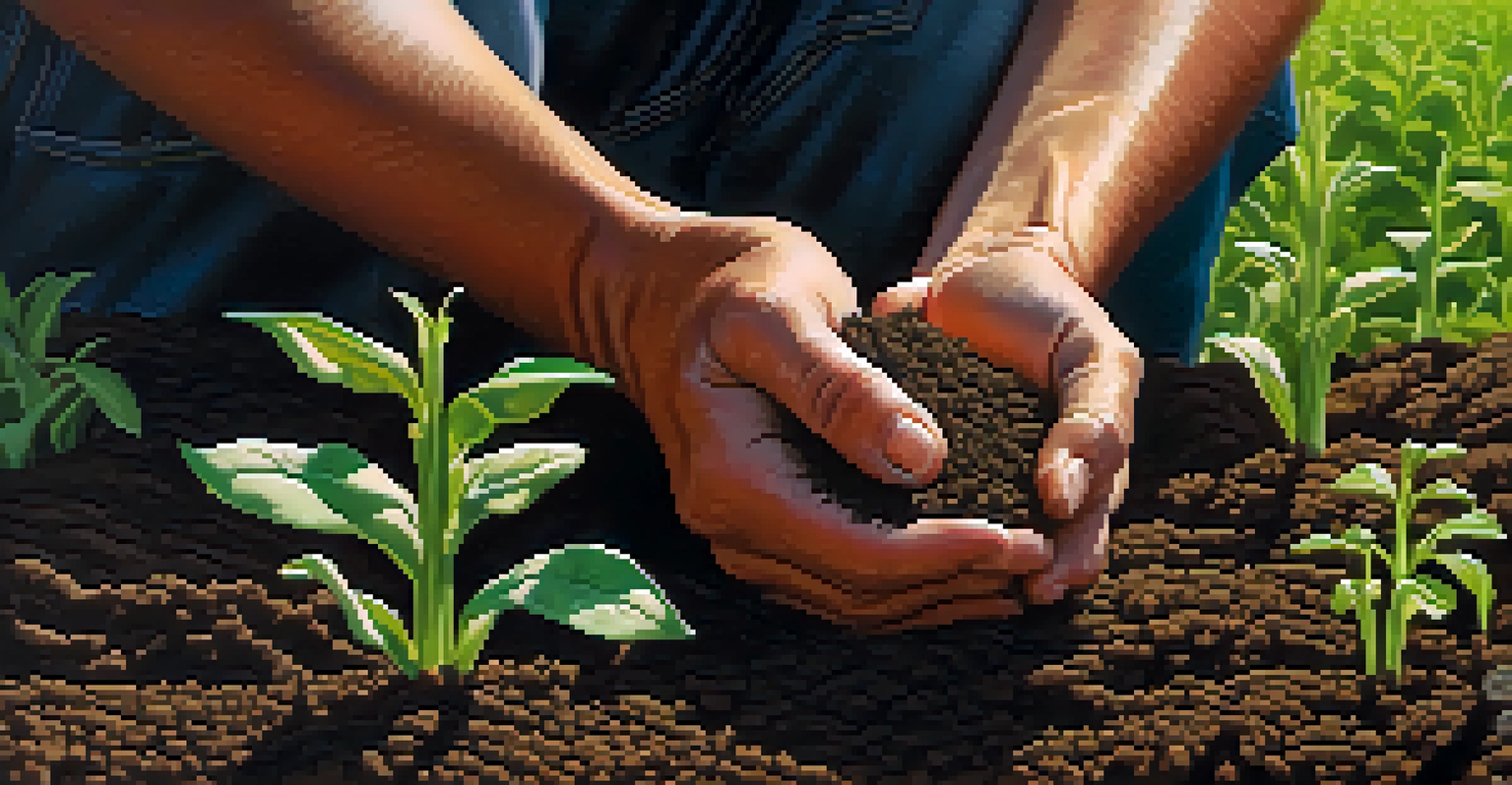 A close-up of a farmer's hands holding soil with young seedlings sprouting, showcasing textures and colors.