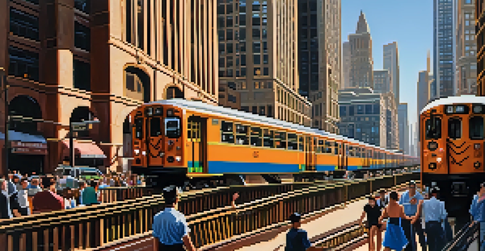 A lively urban scene in Chicago with the 'L' train, skyscrapers, and people on the streets.