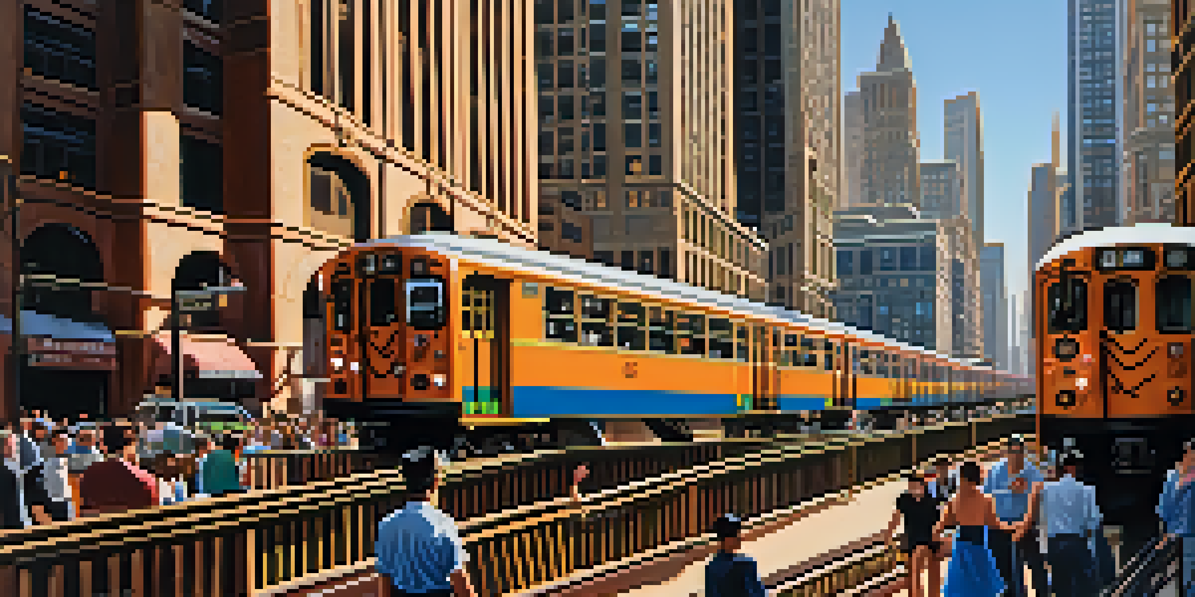 A lively urban scene in Chicago with the 'L' train, skyscrapers, and people on the streets.