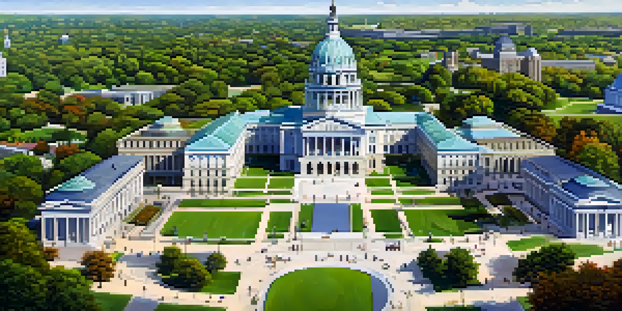 A wide shot of the Illinois State Capitol building with its large dome surrounded by greenery and people actively participating in civic life.