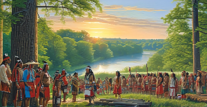 A historical depiction of Native American tribes in Illinois, featuring traditional clothing and a lush landscape with a river.