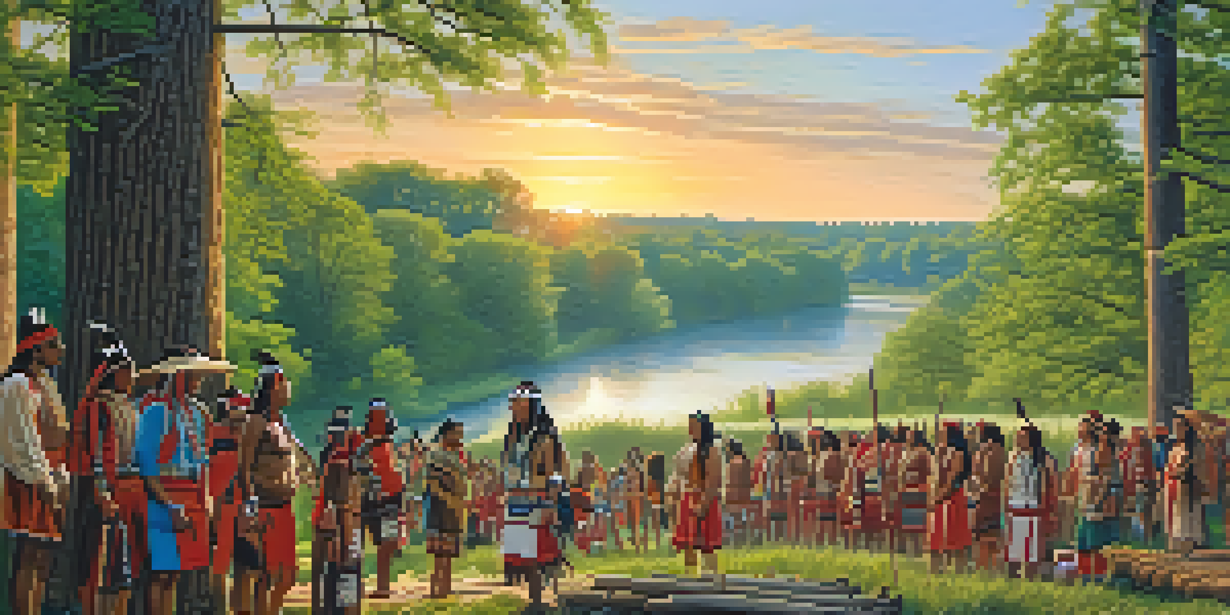 A historical depiction of Native American tribes in Illinois, featuring traditional clothing and a lush landscape with a river.