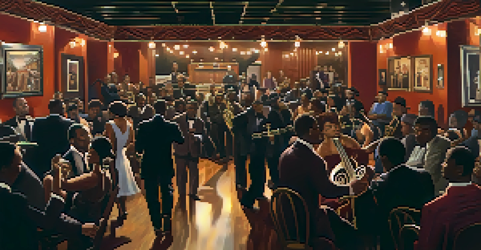 A 1920s Chicago jazz club with a live band and an audience dancing, showcasing the rich cultural scene during the Great Migration.