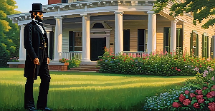 A portrait of Abraham Lincoln in front of his historic home, with a sunset and colorful flowers in the foreground.