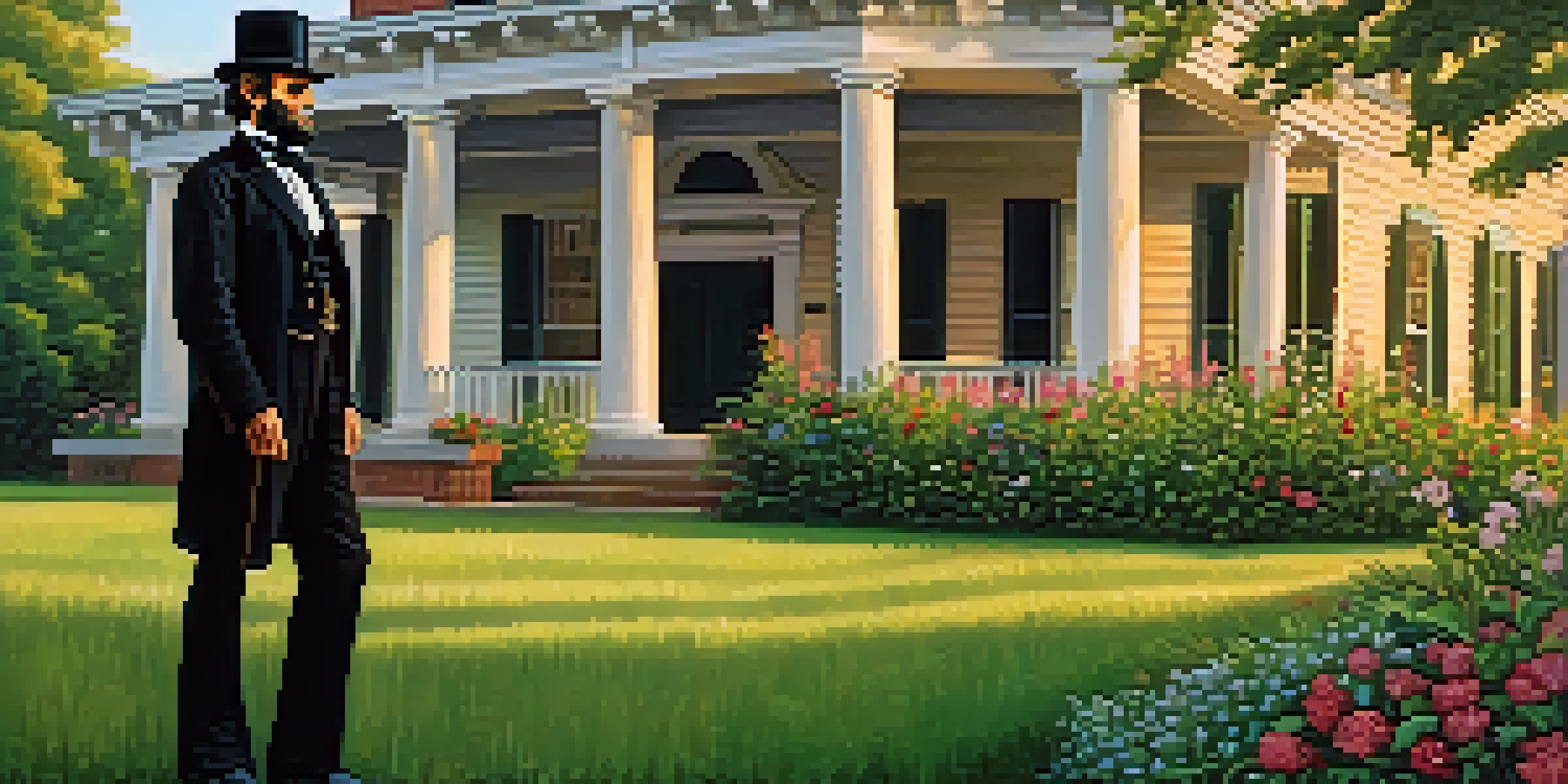 A portrait of Abraham Lincoln in front of his historic home, with a sunset and colorful flowers in the foreground.