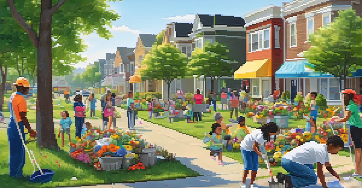 Residents of diverse backgrounds participating in a community clean-up event in a park, picking up trash and planting flowers under a clear sky.