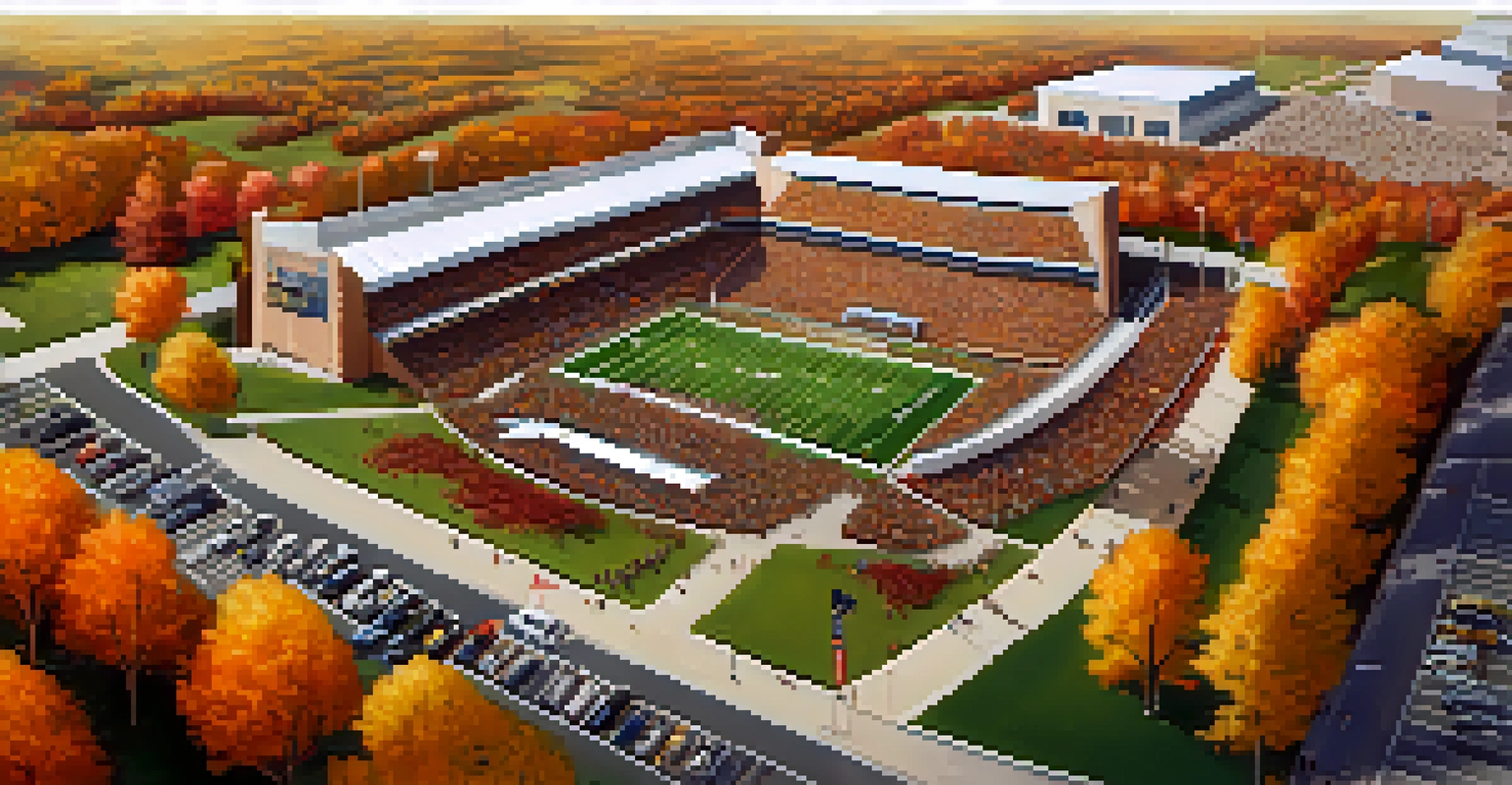 An aerial view of a university campus on football game day with crowds, colorful fall trees, and tailgating activities.
