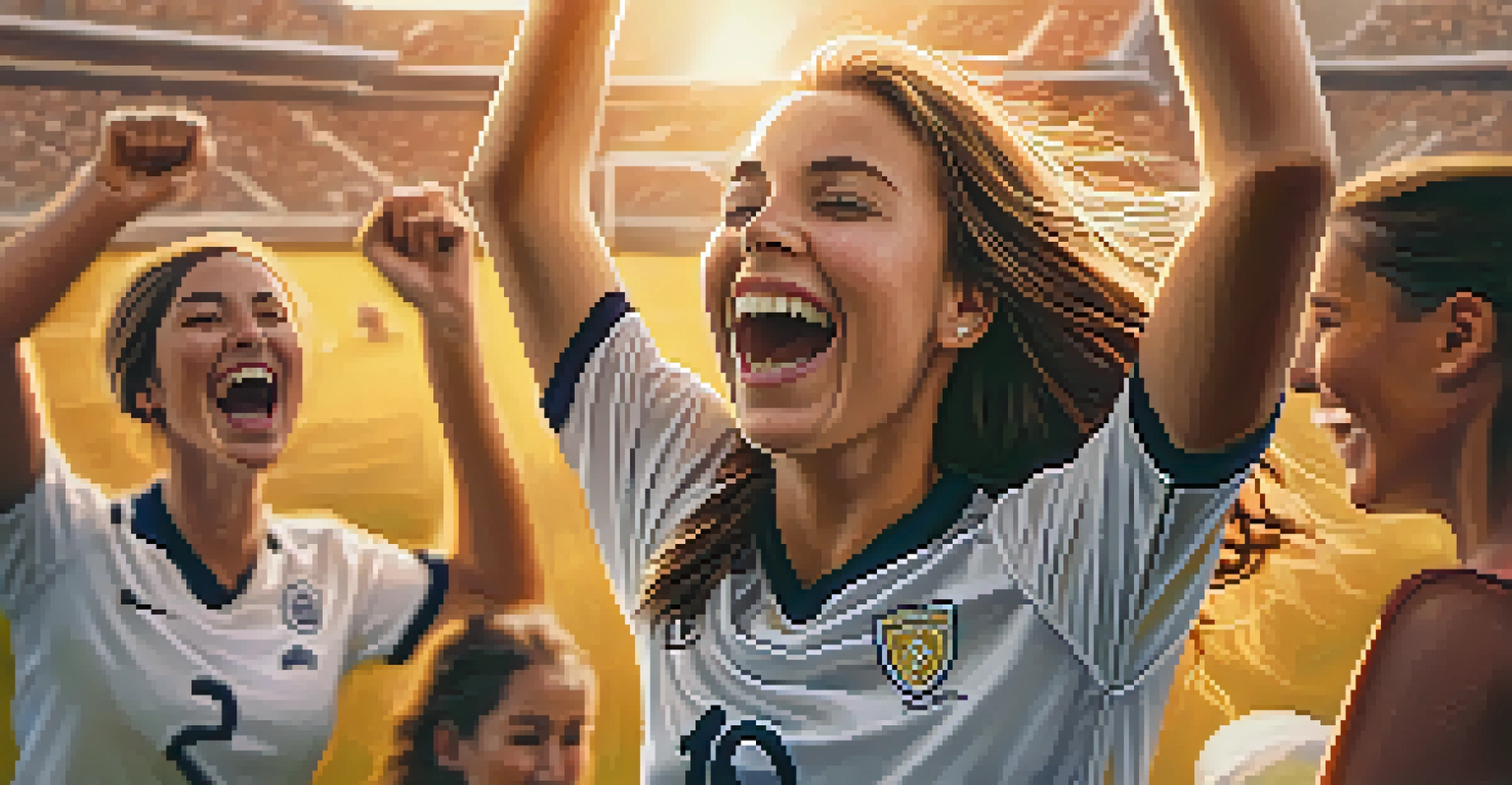 A female college soccer player celebrating a goal with teammates, with a sunset in the background.