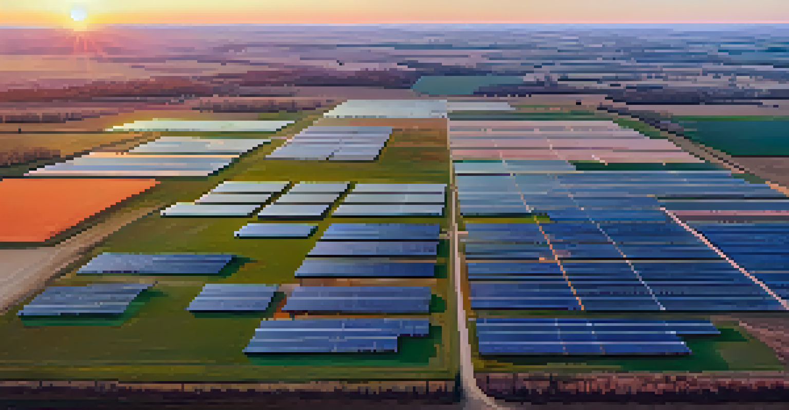 Aerial view of a solar farm in Illinois with solar panels and a sunset in the background.