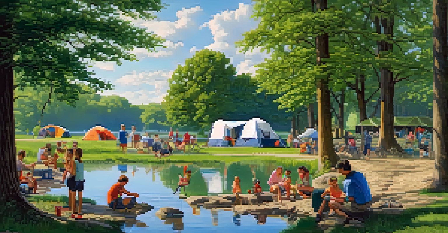 A vibrant summer camping scene at Kankakee River State Park, showing families fishing by the river and enjoying a picnic under a tree.