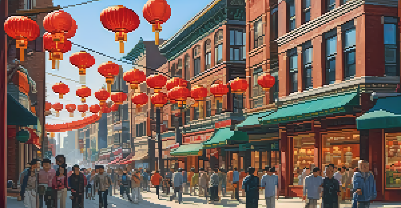 A lively street in Chicago's Chinatown with colorful lanterns and people enjoying the area.