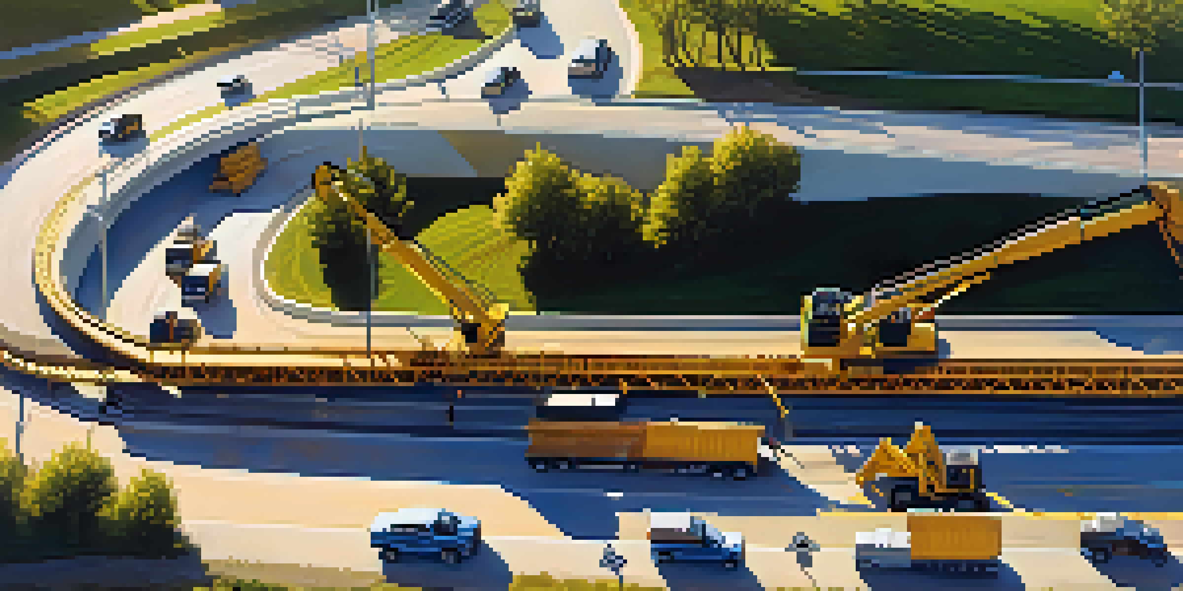 Aerial view of a highway expansion project in Illinois with workers and machinery under a blue sky.