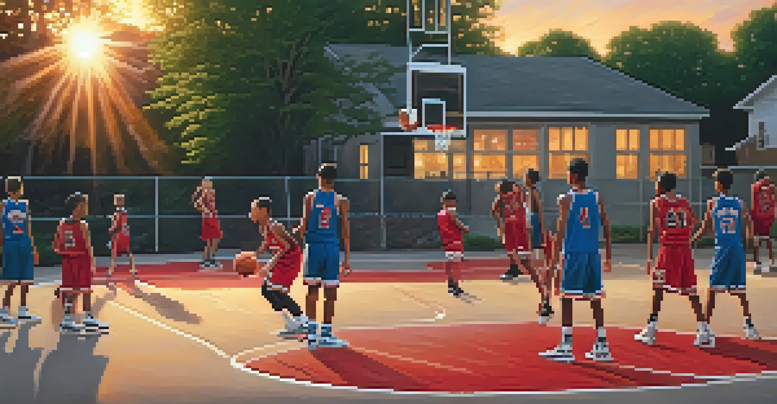 Children playing basketball in Chicago Bulls jerseys on an outdoor court at sunset, embodying community spirit.