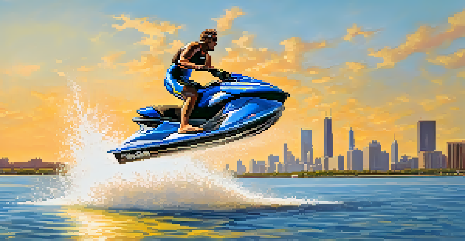 A jet ski rider executing a stunt during the Chicago Air and Water Show, with spectators watching from the beach as the sun sets.