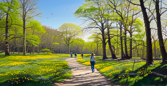 A family walking on a trail surrounded by blooming wildflowers in Starved Rock State Park during spring.