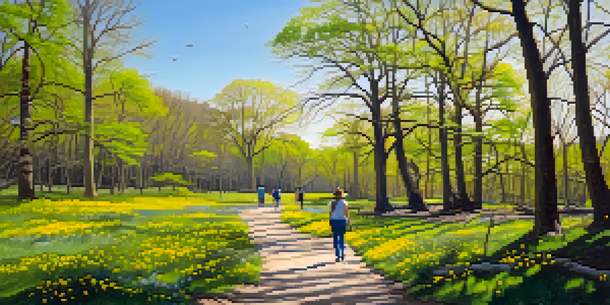A family walking on a trail surrounded by blooming wildflowers in Starved Rock State Park during spring.