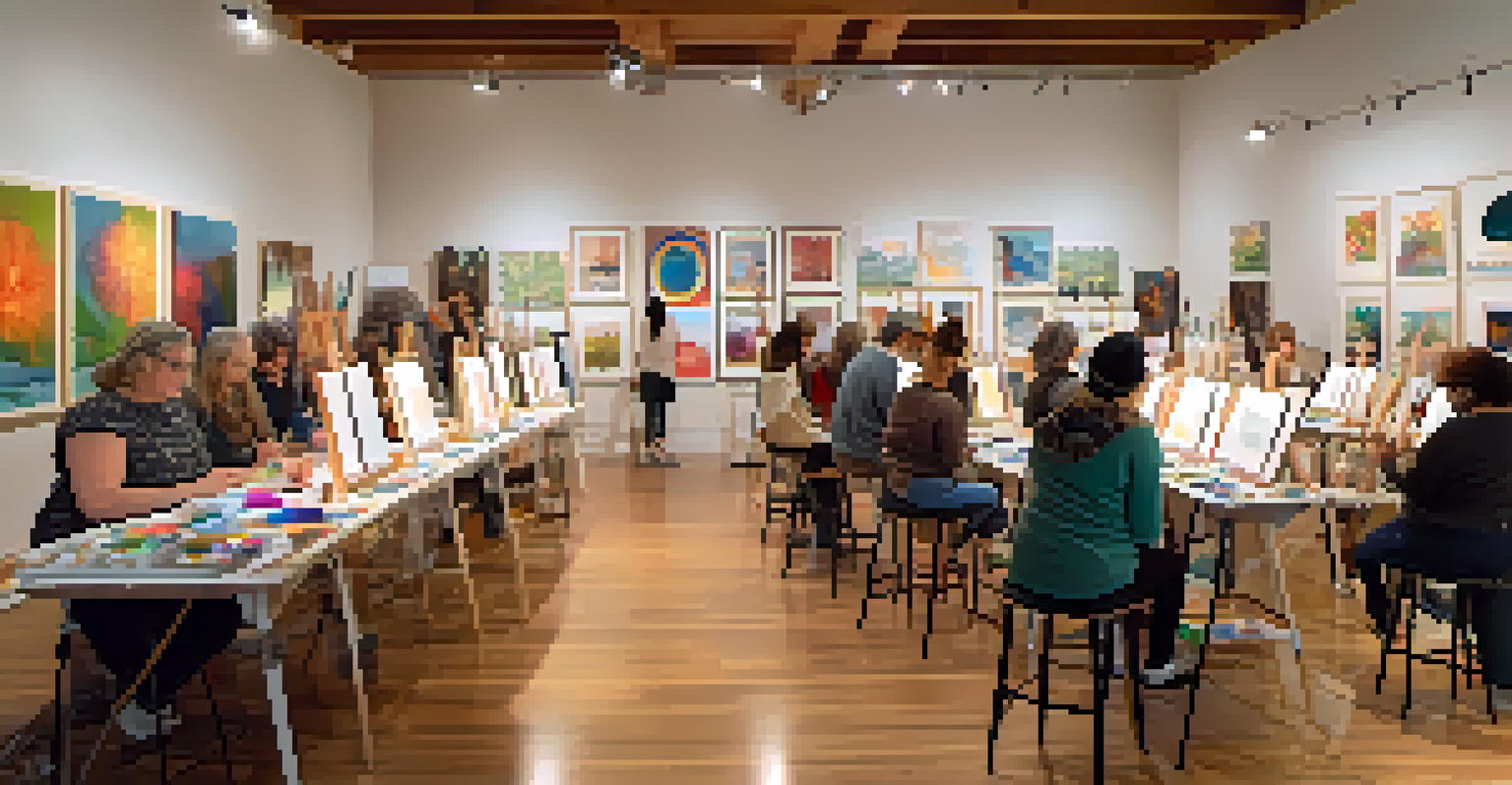 A community art workshop in a cozy studio with diverse participants creating artwork, surrounded by art supplies and inspiring pieces.