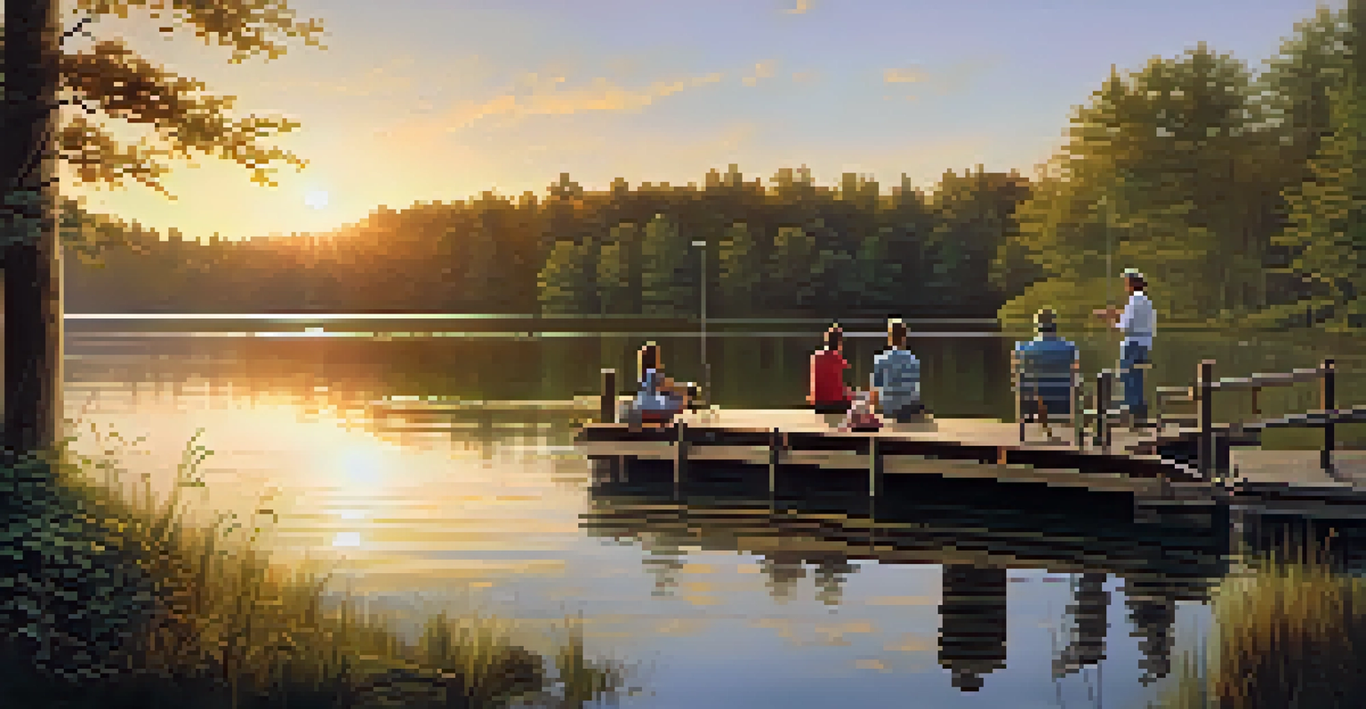 A family fishing by the water at Chain O' Lakes State Park during sunset.