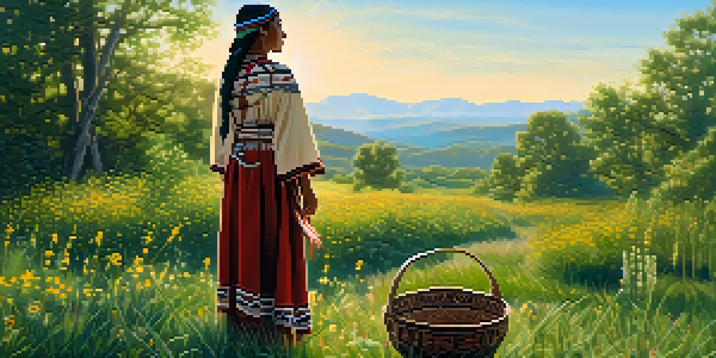 A Native American woman in traditional dress stands in a vibrant green field with wildflowers, holding a beautifully woven basket, under a clear blue sky.