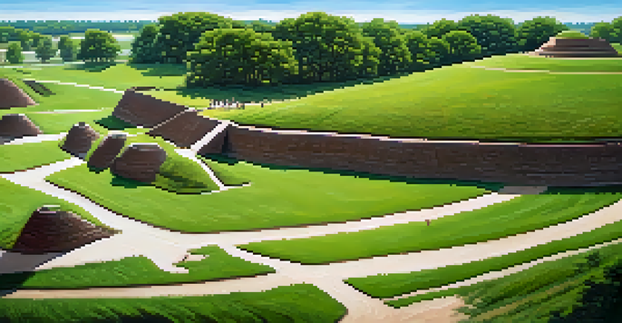 A wide view of Cahokia Mounds with visitors climbing the largest mound, surrounded by greenery and under a clear sky.