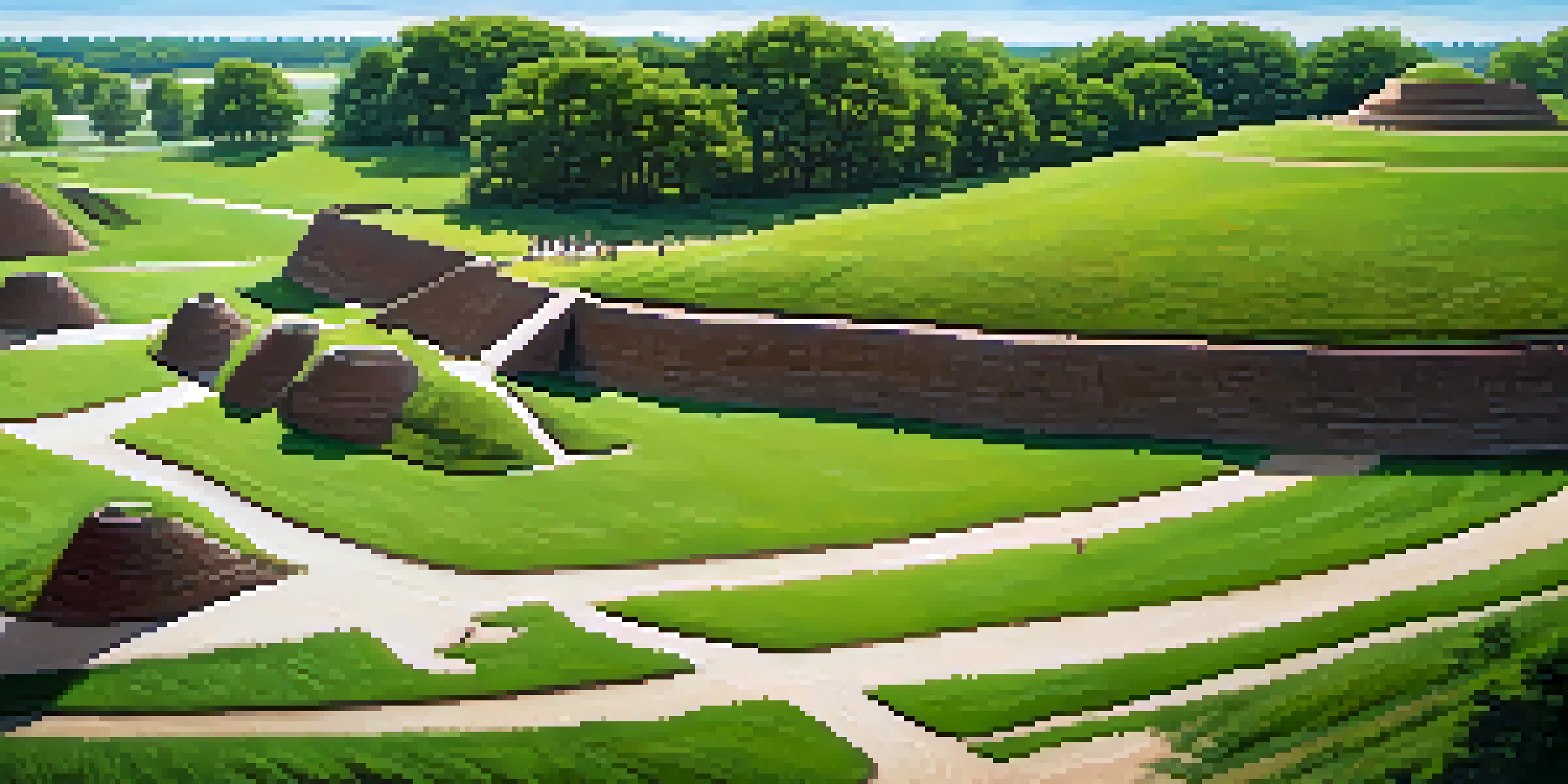 A wide view of Cahokia Mounds with visitors climbing the largest mound, surrounded by greenery and under a clear sky.