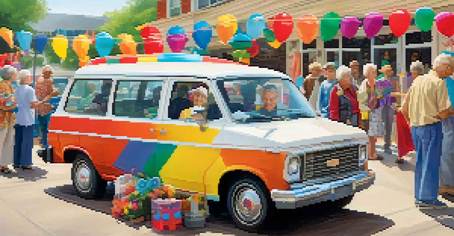 Seniors interacting with volunteers at a community event, with a minivan in the foreground.