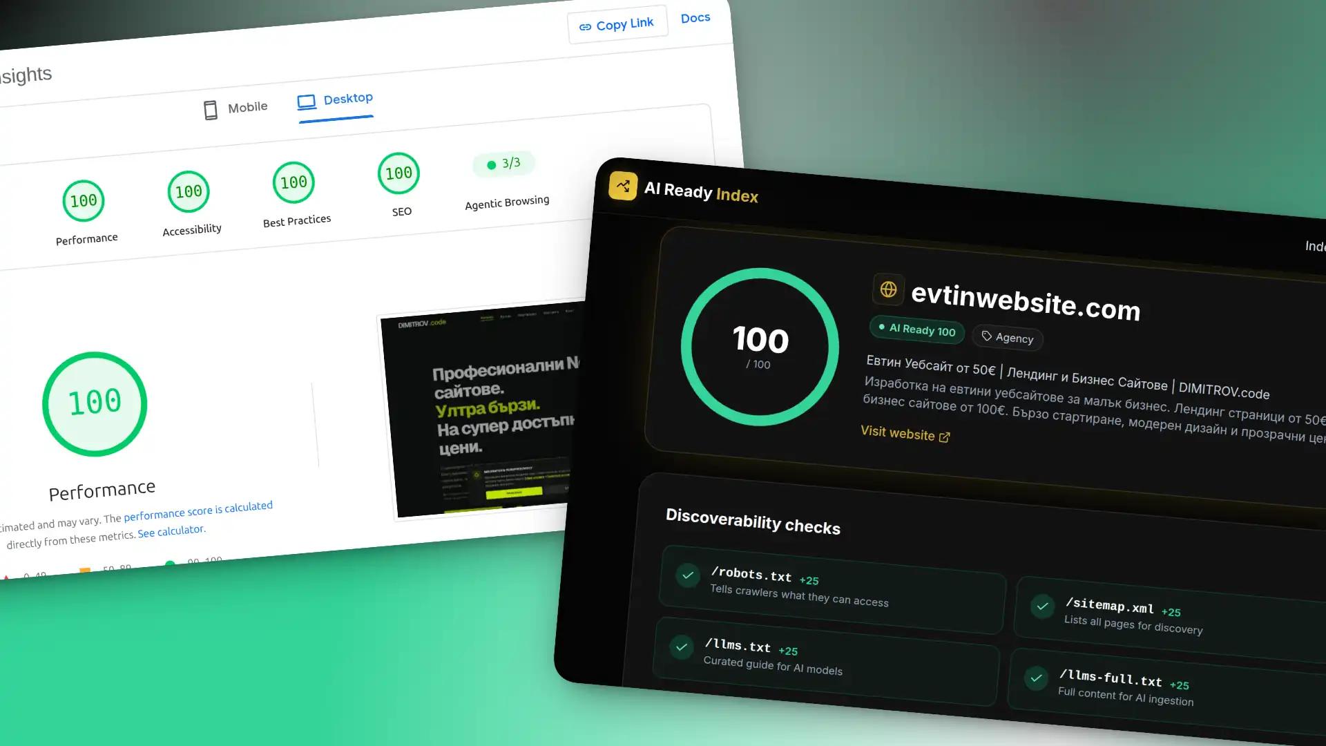 Пълна техническа доминация: Evtinwebsite.com закова максималния резултат в Google PageSpeed Insights – включително 3/3 на новия одит за AI агенти, подкрепен от 100/100 точки в нашия AI Ready Index!