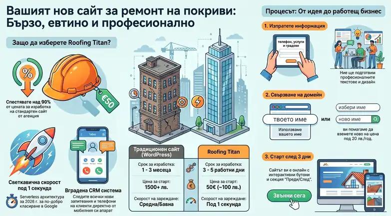 Инфографика за готов уебсайт за ремонт на покриви Titan Roofing - сравнение с WordPress, цена от 50 евро и процес на изработка за 3 дни.