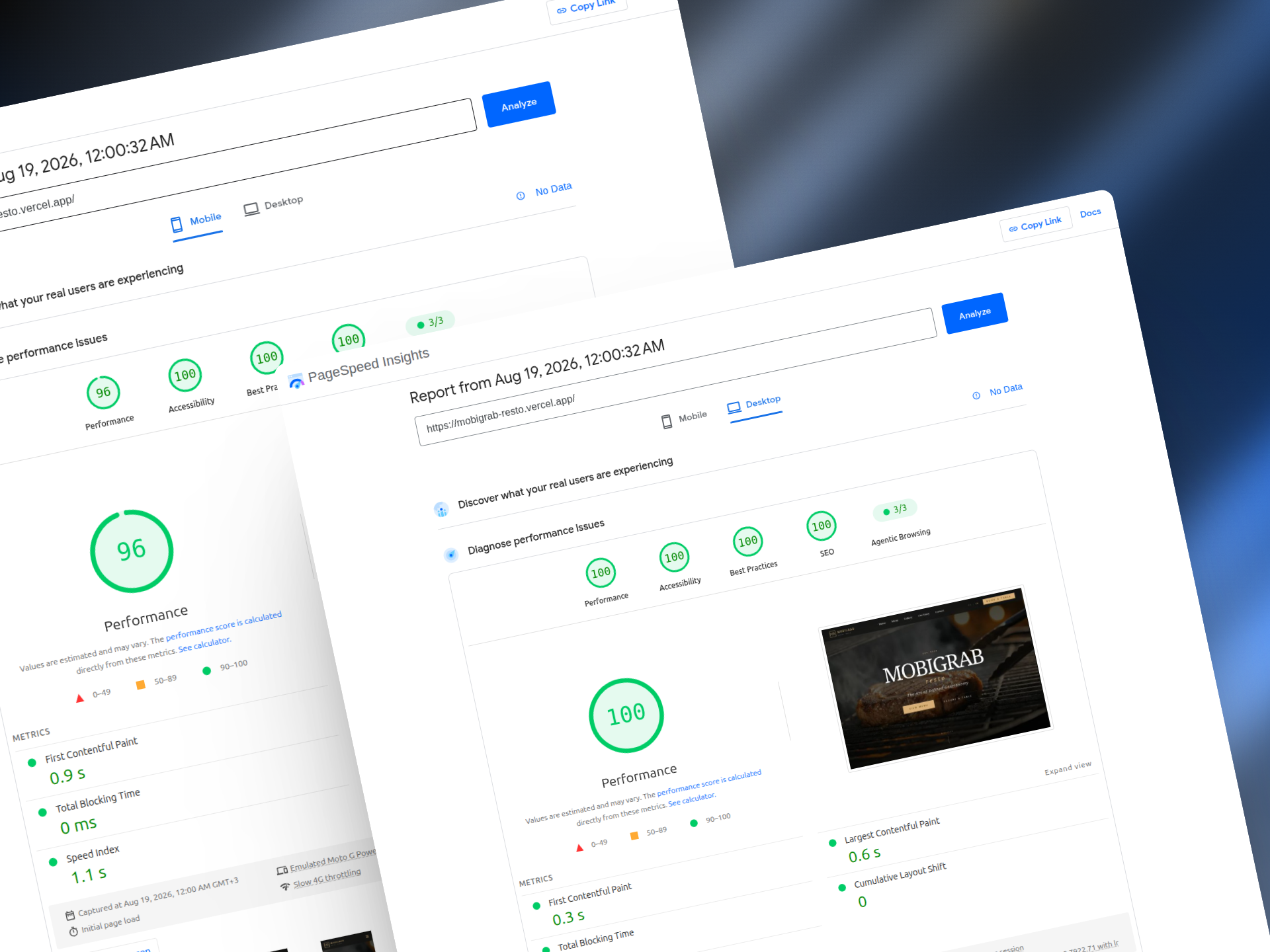 Google PageSpeed Insights резултати за Mobigrab Resto с 96 точки Mobile Performance и 100 точки Desktop Performance