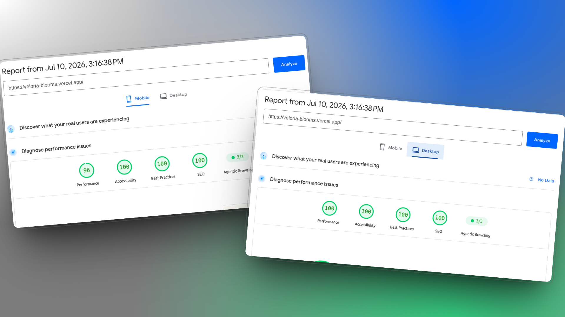 Реален PageSpeed Insights тест на демо проекта – мобилна и десктоп версия.