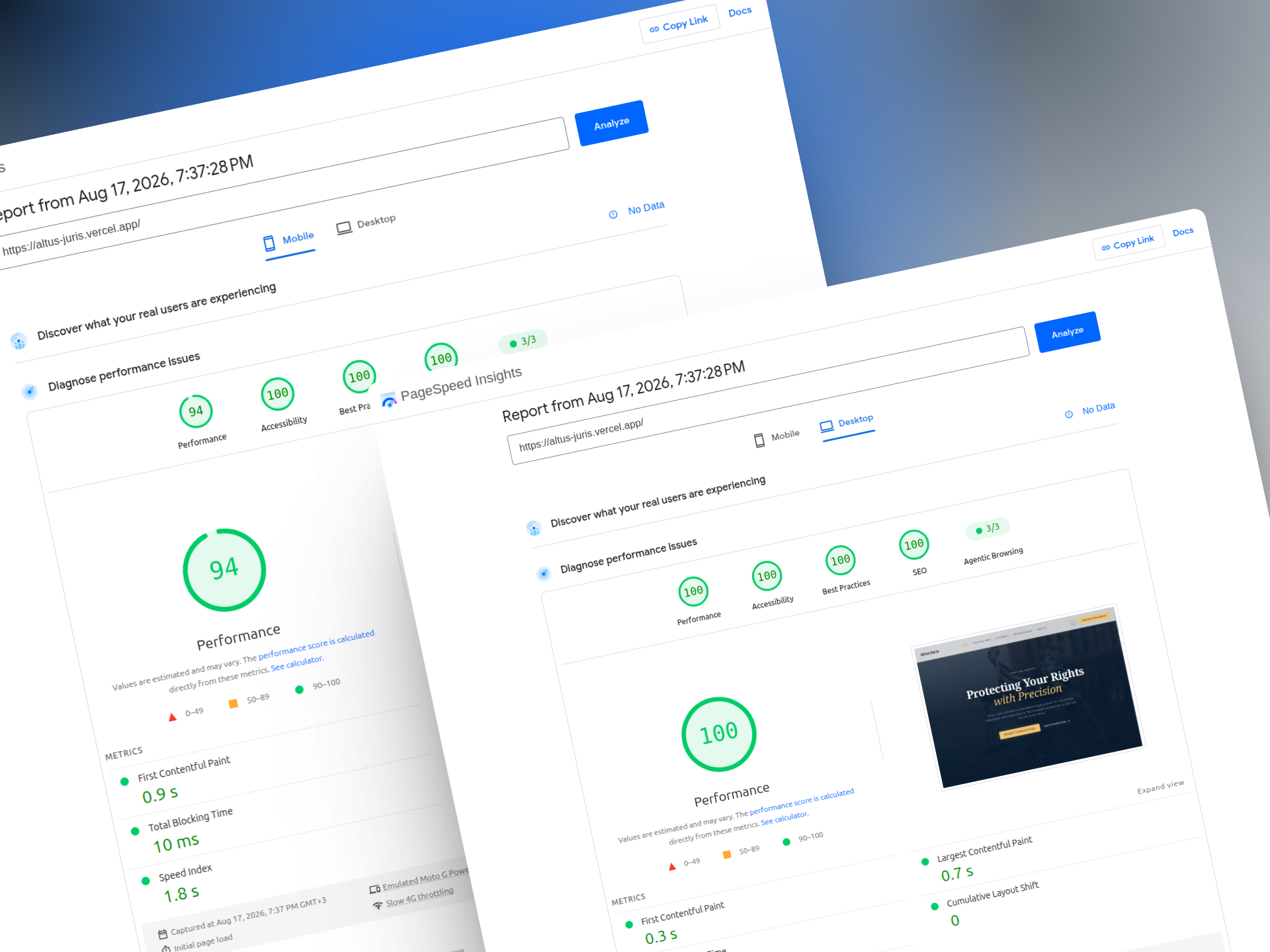 Резултати от Google PageSpeed Insights за мобилна и десктоп скорост на адвокатски сайт Altus Juris